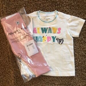 PO.P Always Happy White Tee Shirt and Baby Leggings: sz 62 (2-4mos)
